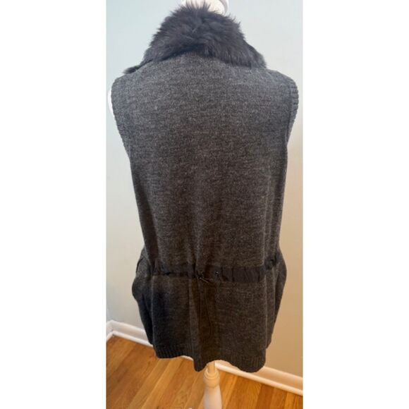 Vintage Dana Stein Real Rabbit Fur Trim Gray Wool Vest Sz M Drawstring Back - Picture 5 of 9